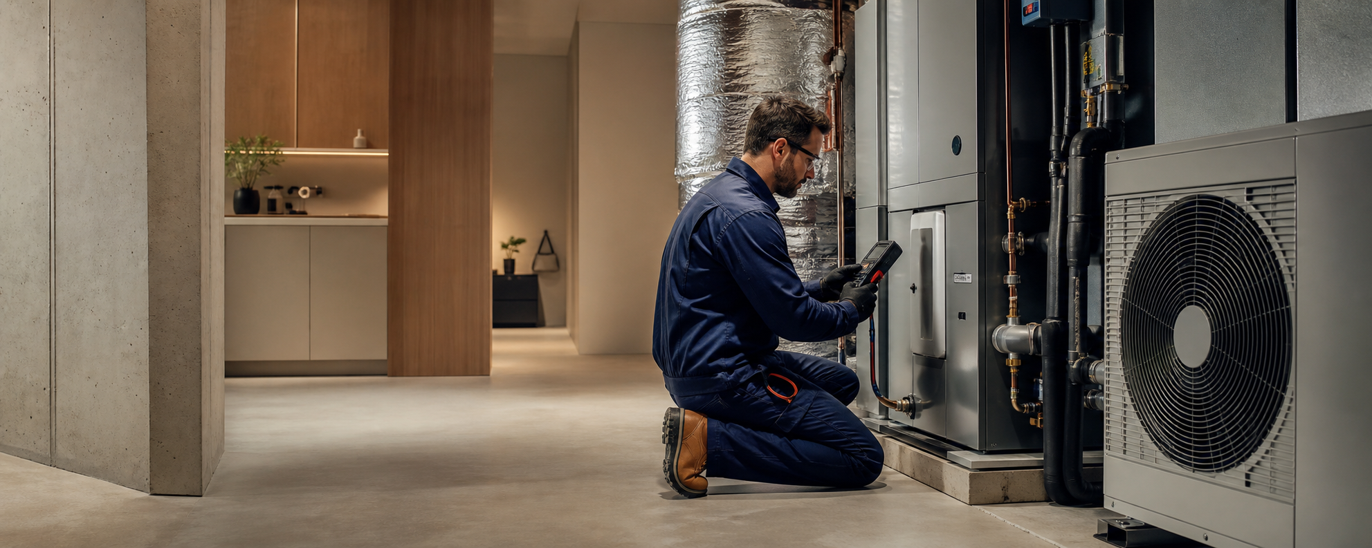 Residential service technician inspecting a modern home comfort system